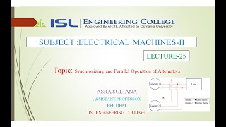 |Electrical Machines- 2 |Lecture-25|Synchronizing and Parallel Operation of Alternators|