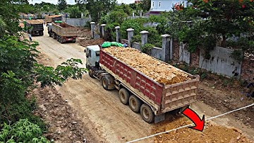 Incredible!!Dump Truck Unloading Stone filling by dozer KOMATSU pushing Building the Road so fastest