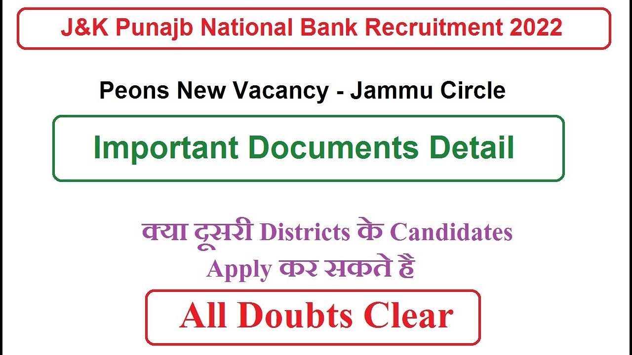 J&K Punjab National Bank Recruitment 2022, Important Documents, Application Form Pdf Link