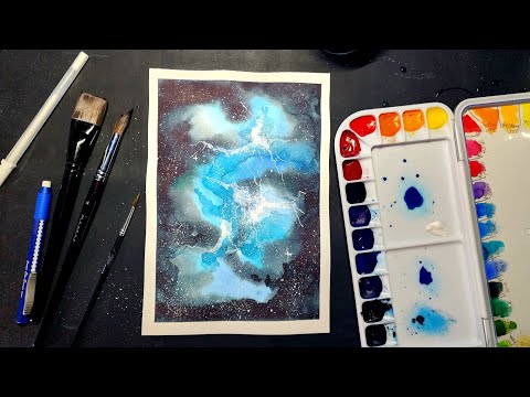 watercolor painting a turquoise blue nebula Galaxy