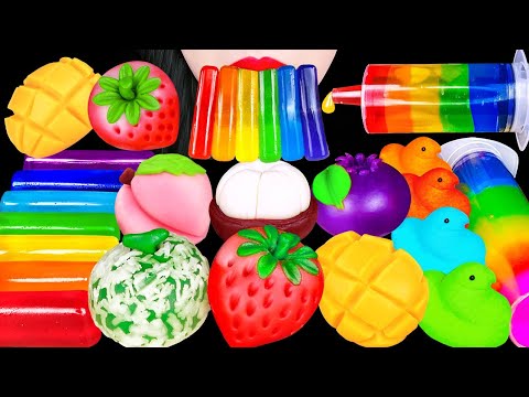 ASMR RAINBOW JELLY, JELLO SHOOTER, FRUITS RICE CAKE 무지개 주사기, 과일 화과자, 무지개 디저트먹방 EATING SOUNDS MUKBANG