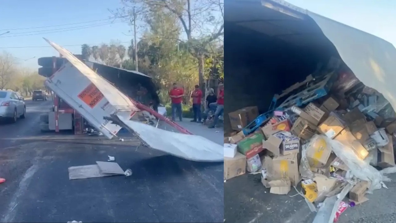 Tráiler Vuelca con 40 Toneladas de Artículos de Abarrotes en Carretera Nacional en Santiago, NL