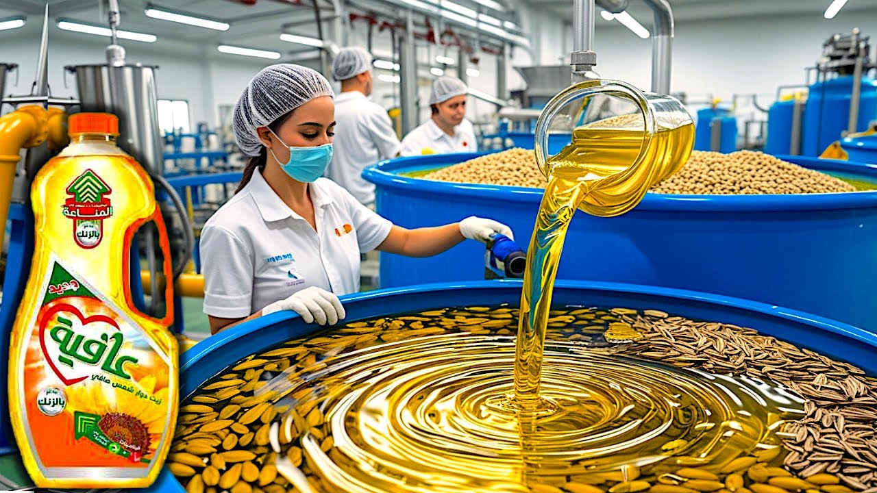 كيف يُصنَع زيت دوّار الشمس في المصنع - طريقة إنتاج زيت دوّار الشمس