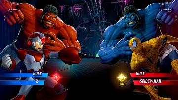 Red Hulk & Red X vs Blue Hulk & Yellow Spiderman (Very Hard)- Marvel vs Capcom | 4K UHD Gameplay