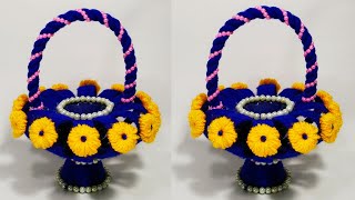 DIY EASY PLASTIC BOTTLE FLOWER BASKET CRAFT IDEA/WOOLEN FLOWER VASE/BEST OUT OF BOTTLE AND WOOL