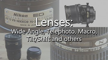 Lenses: Wide Angle, Telephoto, macro, fish eye, and tilt/shift.