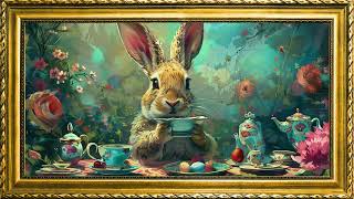 4K Vintage Bunny Free Framed TV Art Screensaver | Easter Bunny Tea Party | 3 Hours | No Sound