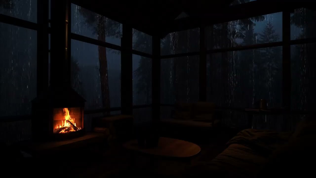 Rainy Night in a Cozy Cabin | Fireplace Sounds for Deep Sleep (8 Hours)