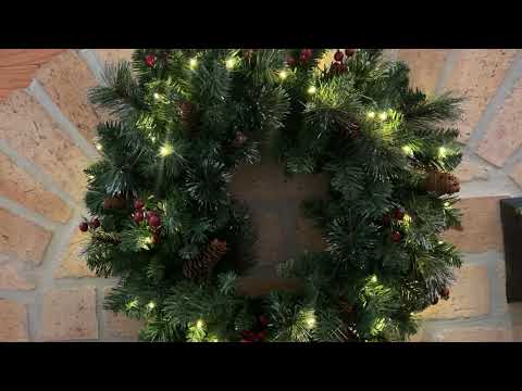 Review Christmas Wreath Lights Decorations Outdoor, Pre-lit 24 inch Artificial Christmas Wreath