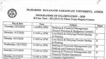 Commerce B. Com. Part 3rd Year Exam Time Table 2020 || Date Sheet For Exam 2020 || Mdsu Ajmer