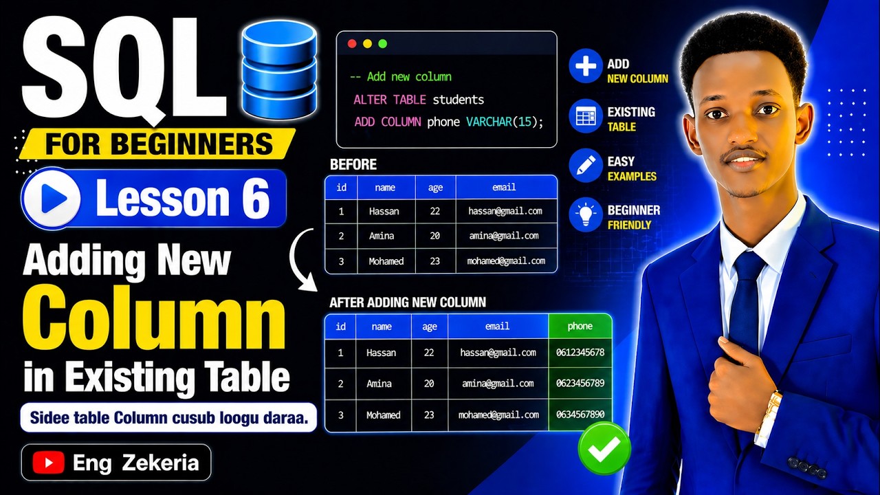SQL Course Lesson 6 | Adding New Column in Existing Table | Sidee ...
