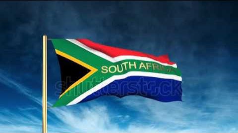 South Africa flag slider style with title. Waving in the wind with cloud background animation Stock