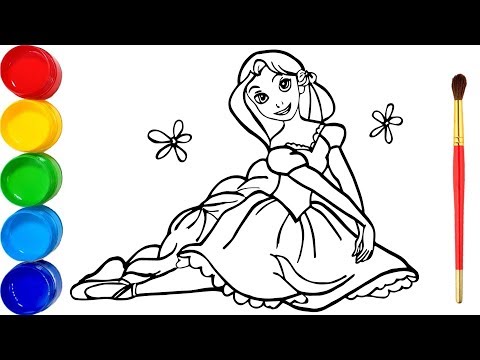 Vẽ công chúa Tóc Mây tô màu cho bé |Dạy bé vẽ tô màu |Glitter Rapunzel princess drawing and coloring