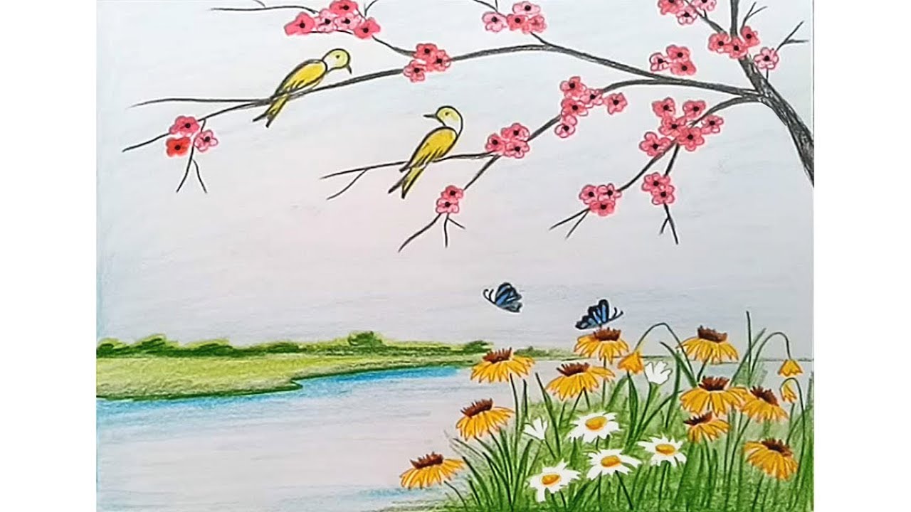 How to draw scenery of spring season step by step - YouTube