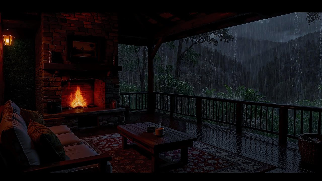 Rain & Thunder on Rustic Balcony 🌩️ Fireplace Ambience for Relaxation, Reflection & Study