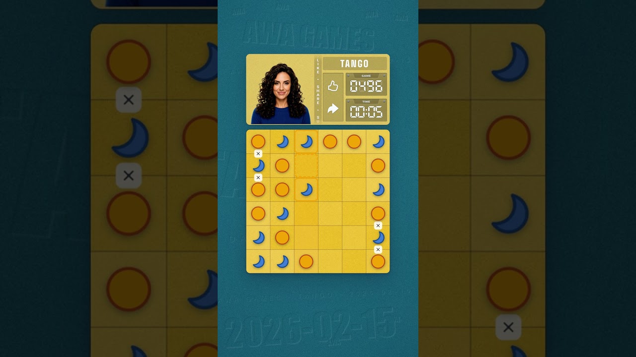 LinkedIn Tango #496 solved board for February 15, 2026, 6x6 grid