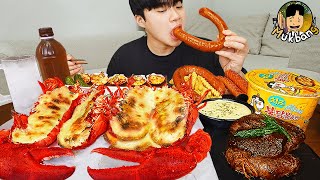ASMR MUKBANG | Giant Cheese lobster, fire noodle, sausage, steak recipe ! eating