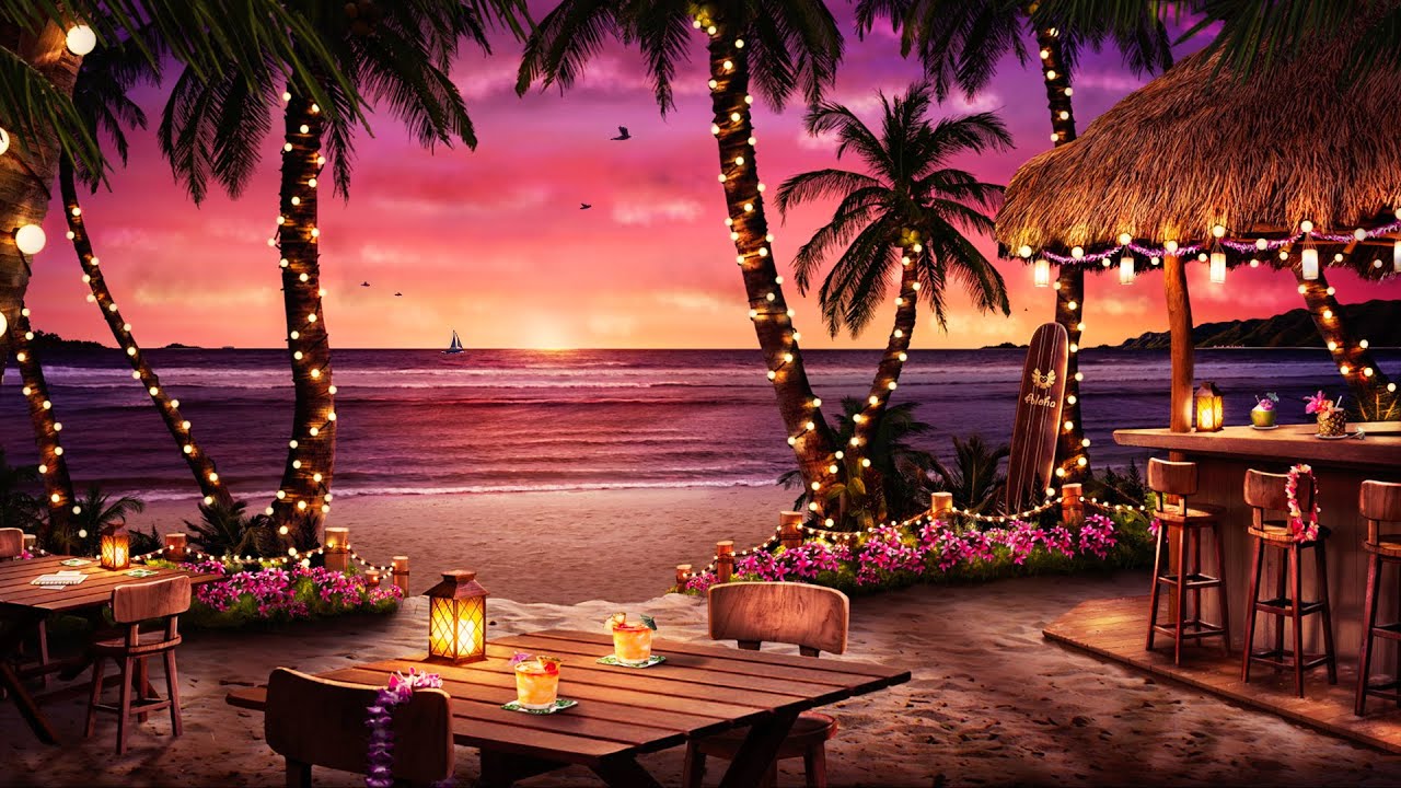 Hawaiian Sunset Cafe Ambience with Relaxing Hawaiian Guitar Music ...