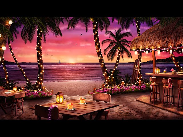 Hawaiian Sunset Cafe Ambience with Relaxing Hawaiian Guitar Music u0026 Crashing Waves Sounds class=
