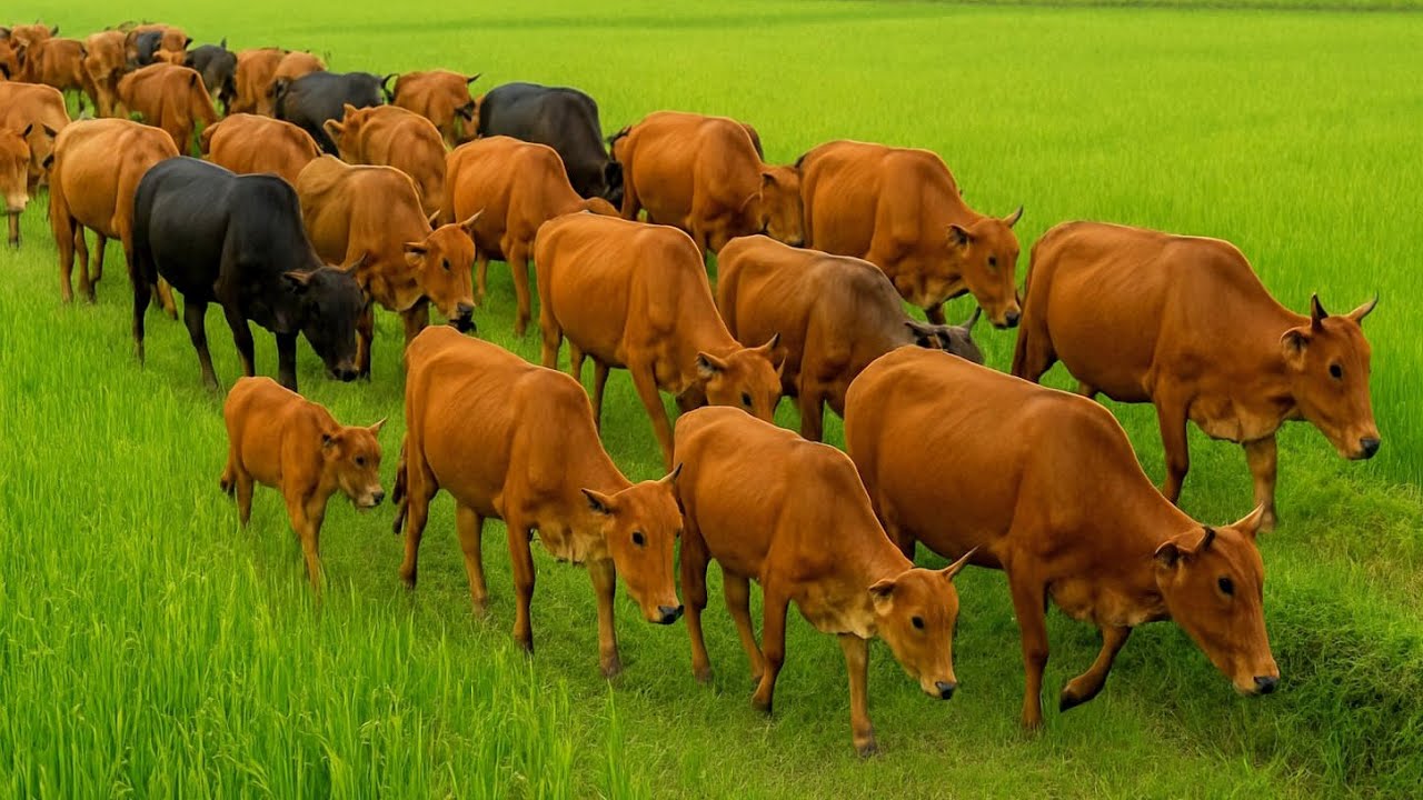 Деревенские коровы на красивых рисовых полях — коровы, коровьи звуки, видео с коровами 