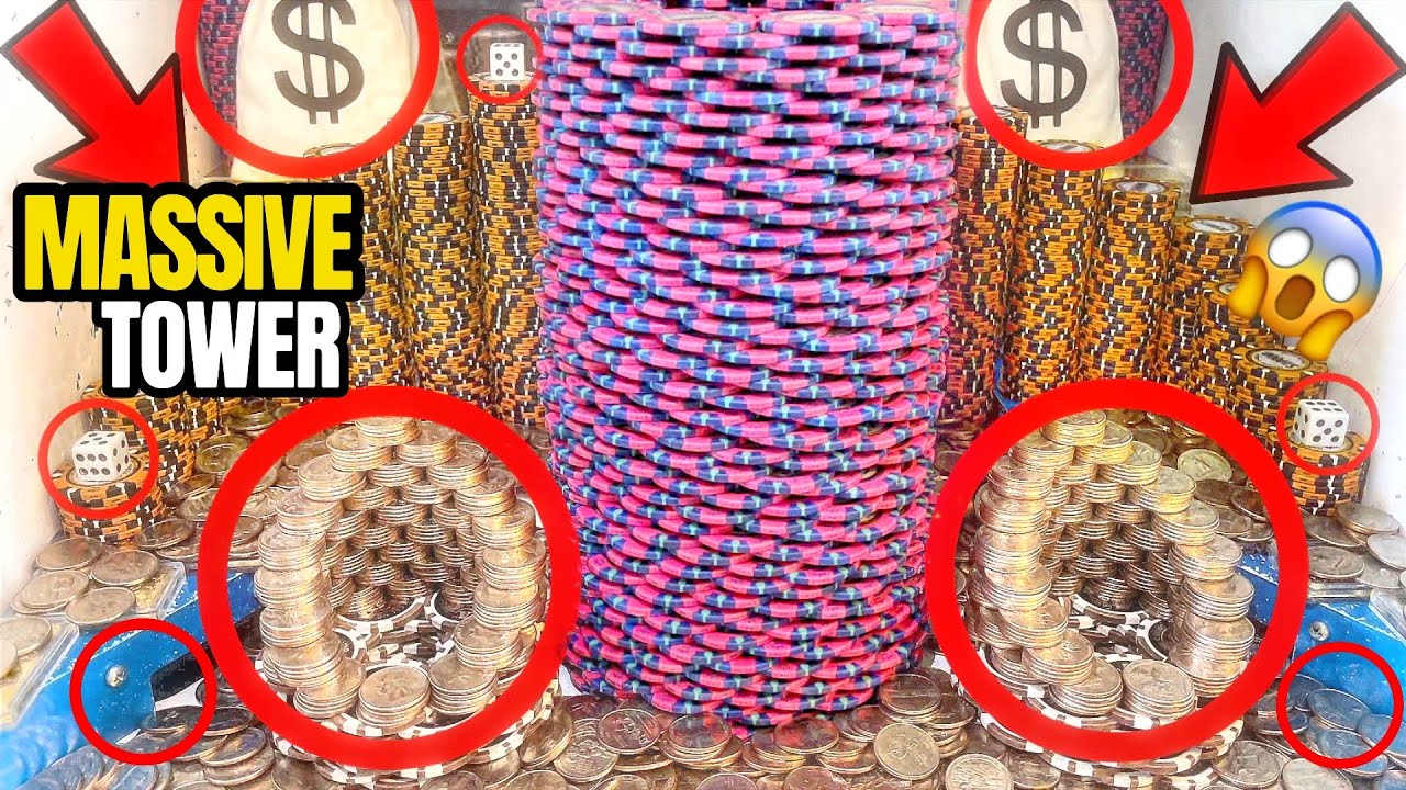 WORLD’S “BIGGEST” POKER CHIP TOWER CRASHES DOWN! HIGH LIMIT COIN PUSHER MEGA MONEY JACKPOT!