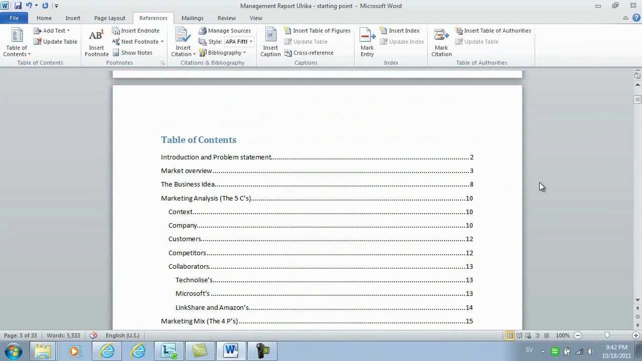 How To Insert Page Numbers And A Table Of Contents Using Microsoft Word 2010 Youtube