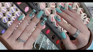 Glitter Mosaic Mint Blue Square Nail Design #glitternails #mosaicnails #mintbluenails #squarenails