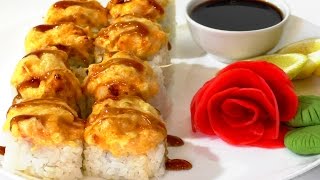 Запеченный ролл с кальмаром Японская кухня. baked roll with squid. Запеченный ролл с кальмаром Японская кухня. baked roll with squid.