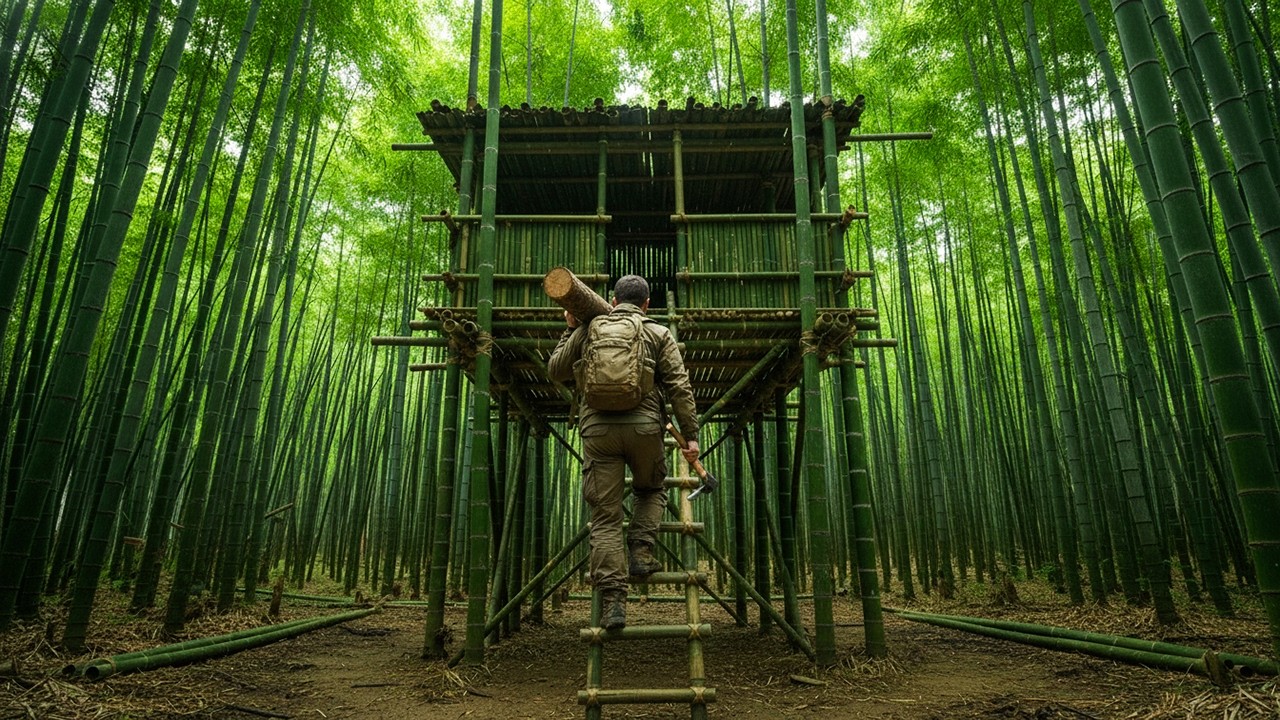 72H Solo Bushcraft: Build a Bamboo Shelter in a Tree with Only Simple ...