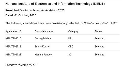 Nielit Scientific Assistant Result 2025 | Cut Off Marks, Merit List
