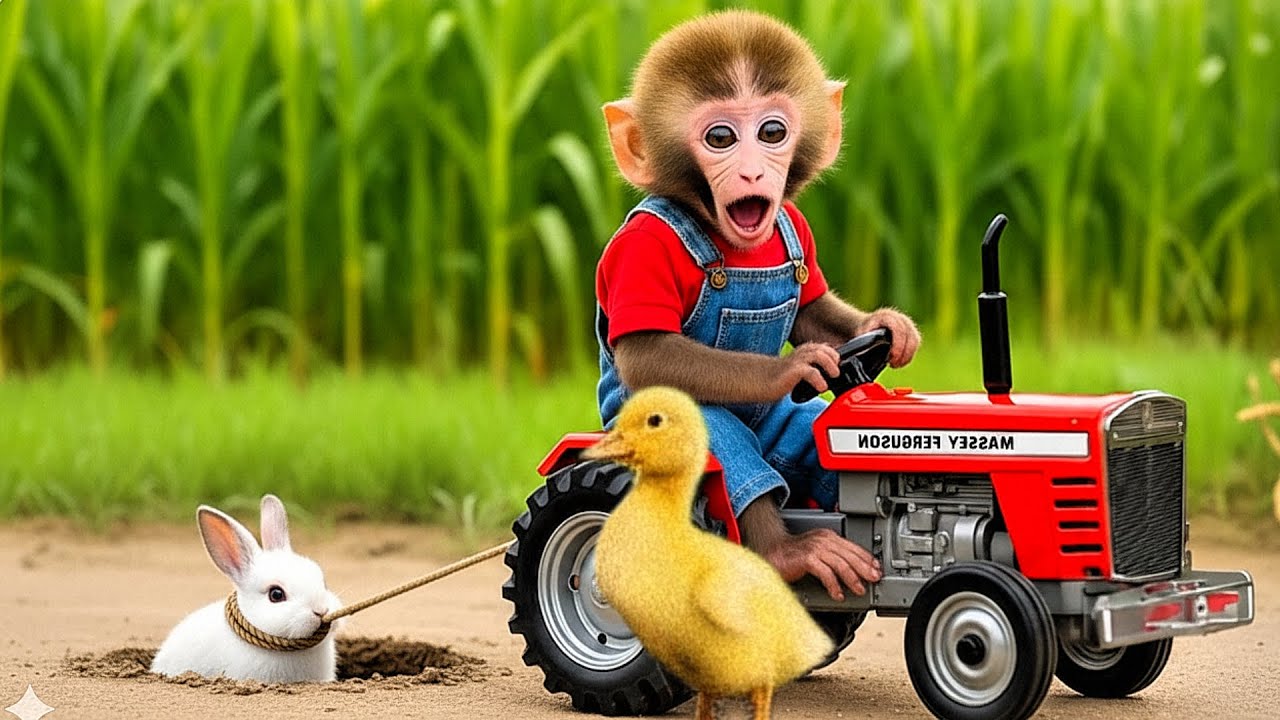 Monkey Farmer And Duckling Drives Tractor To Pull Bunny Out From Deep Hole - Monkey Farm Work
