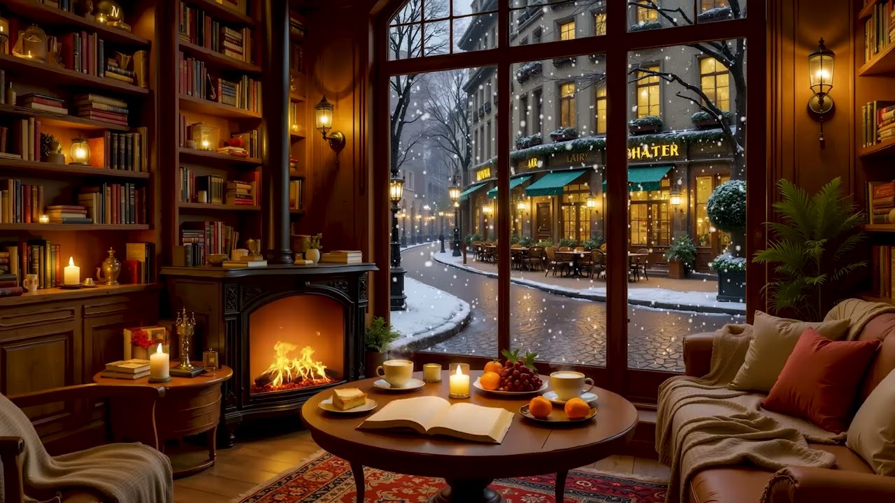 Зимняя джазовая музыка в атмосфере камина 🎷❄️ Уютный вид на заснеженную улицу