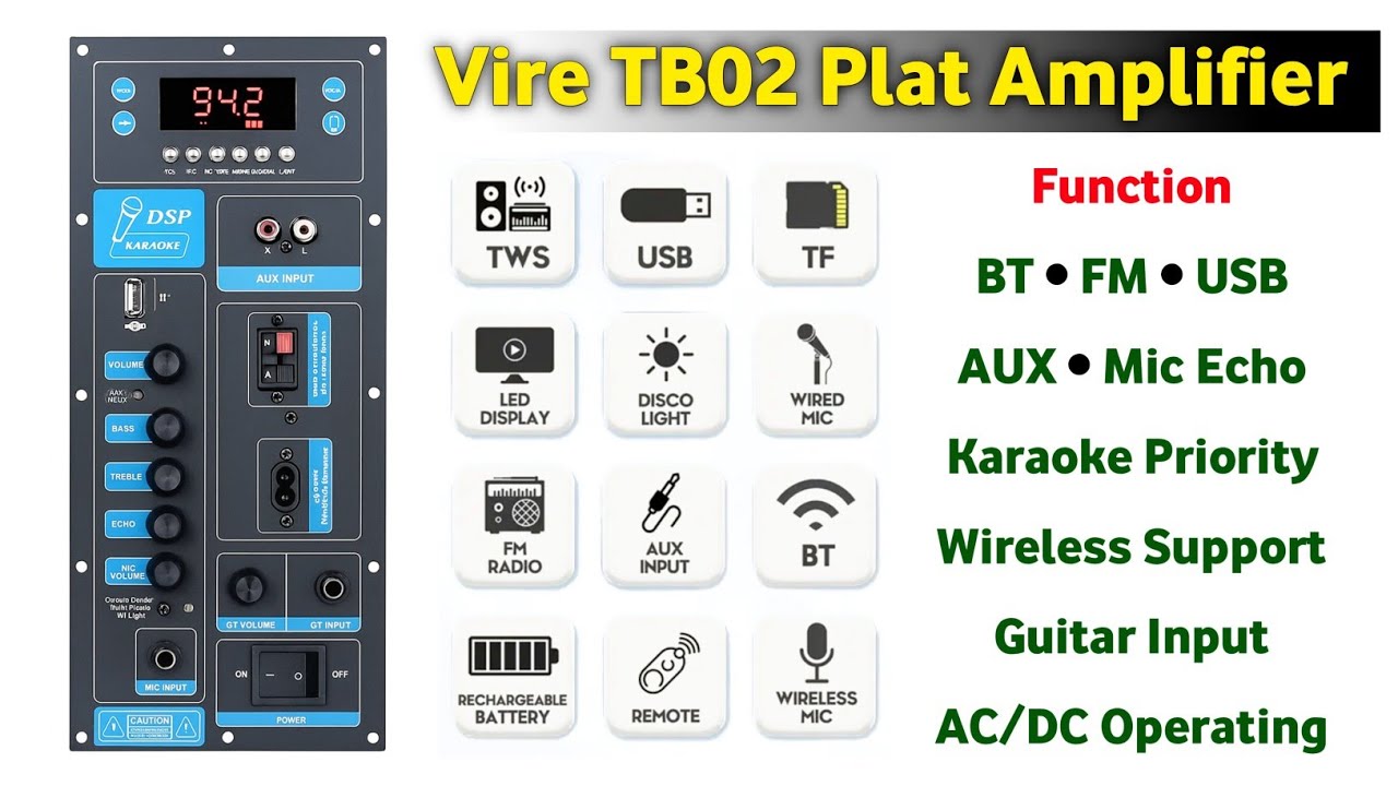 Vire TB01/02 Plat 2*50W Plate Amp. With Karaoke Function & Guitar Input AC DC Supply | You Like El.