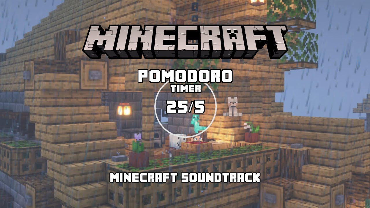 rainy study date 🌙 minecraft music w/ pomodoro (25/5) timer to study, work, relax (DMCA FREE) [3 HR]