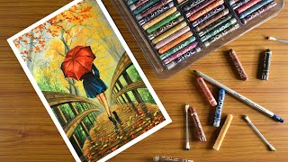 Rainy Day Scenery With Oil Pastel || girl with umbrella oil pastel drawing - step by step screenshot 4