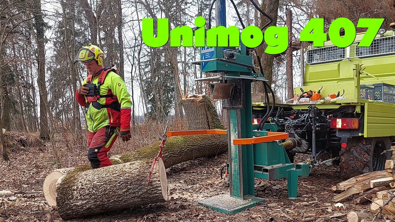 Unimog 407 Holzspalten mit dem Binderberger H20 und den neuen Bügeln