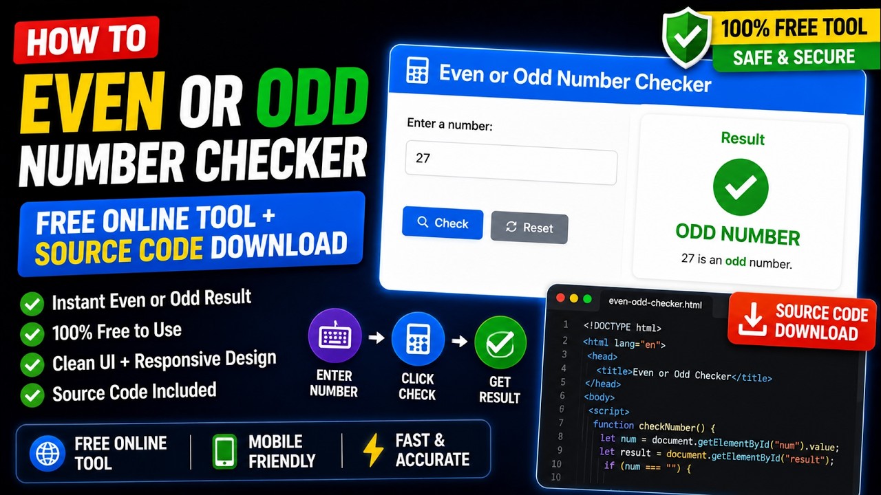 even odd number checker using html css javascript |... Even or Odd Number Checker | Free Online Tool + Source Code Download ...