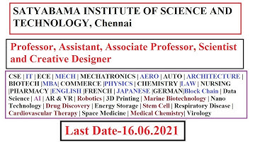 Sathyabama Institute of Science and Technology, Chennai Recruitment 2021| Faculty,Scientist,Cre. Deg