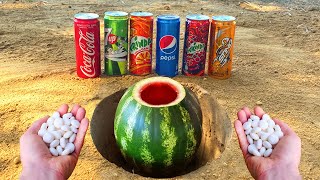 Experiment : Coca , 7Up , Mirinda , Pepsi , Sting vs Watermelon and Mentos Undeground .