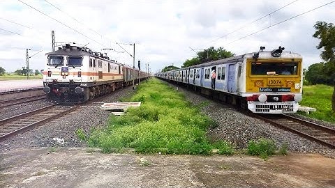 Massive Overtake : RAJDHANI Express Overtake EMU Local Train at Madhusudanpur