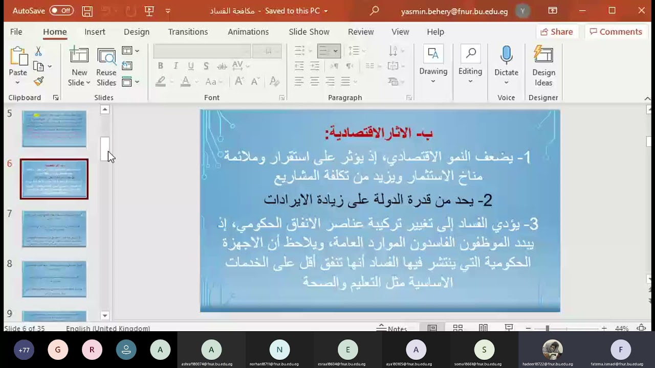 محاضرة حقوق انسان بعنوان اثار الفساد وطرق مكافحة الفساد للفرقه الثالثه د/ فاطمه اسماعيل