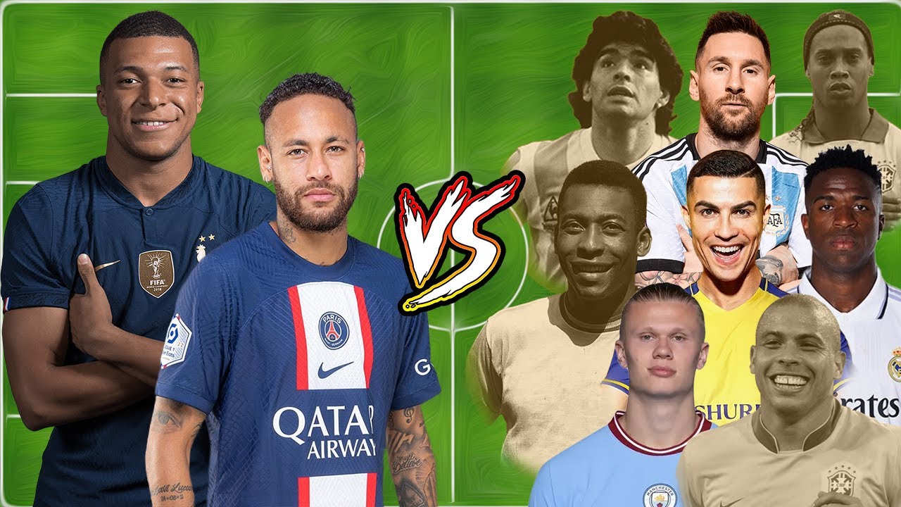 Messi Ronaldo Neymar 🆚 Mbappe Haaland Vinicius 🆚 Pele Maradona