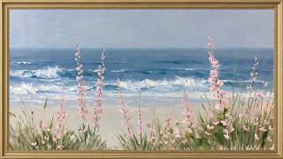 Pink Wildflowers on Ocean Beach | Vintage Coastal Seascape Oil Painting | 4K Ambient TV Screensaver screenshot 1