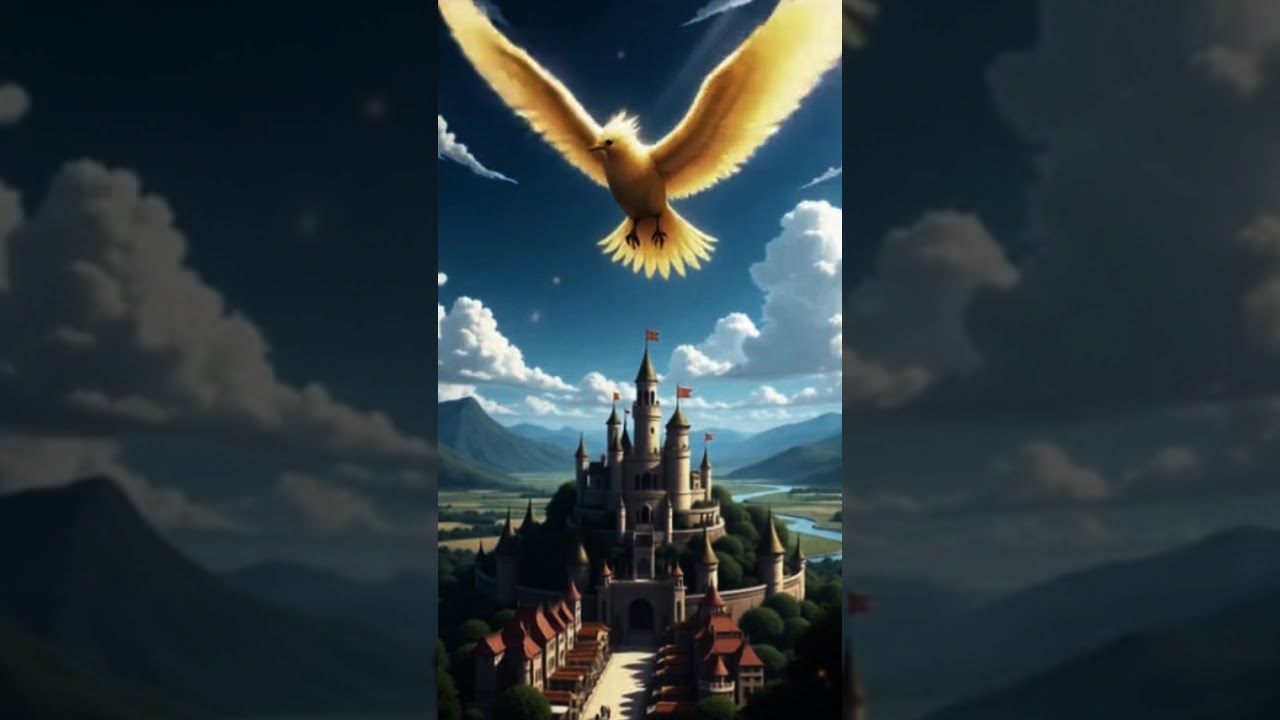 The Divine Golden Bird Over the Medieval Kingdom – Majestic Anime Fantasy Scene
