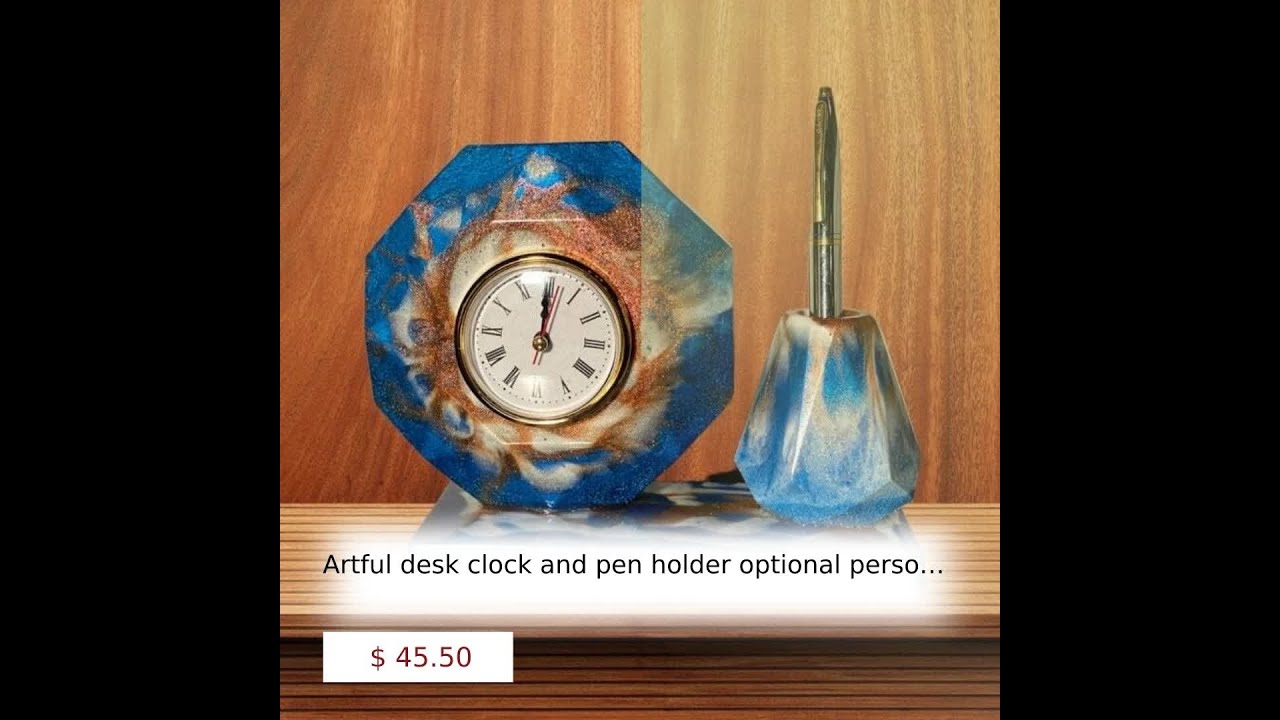 Artful desk clock and pen holder optional personalized name plate, customizable colors creative g...