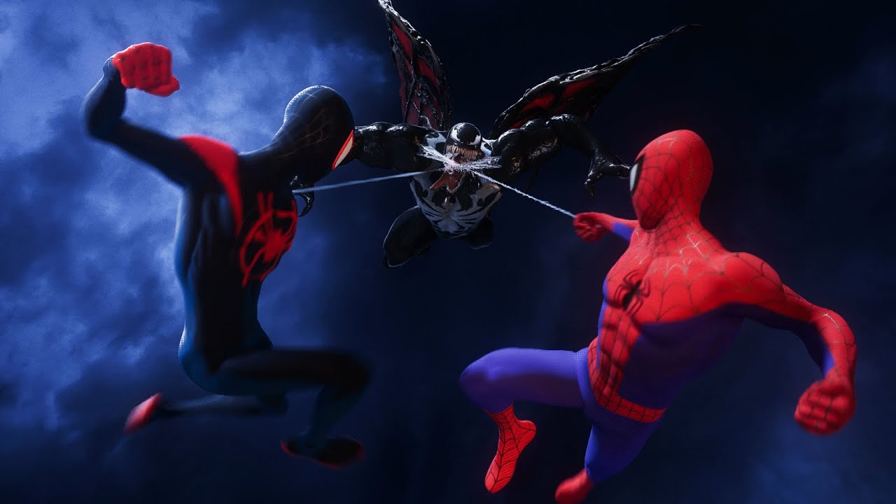 SpiderVerse Peter B. Parker and Miles Morales fight Venom Marvel's