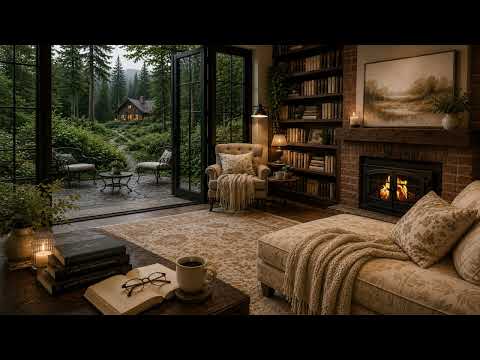 Home Library Ambience | Crackling Fireplace, Books & Forest Views