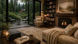 Home Library Ambience | Crackling Fireplace, Books & Forest Views