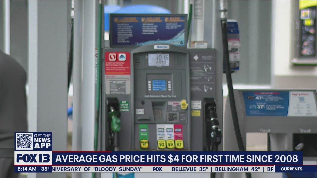 Average gas price hits $4 for first time since 2008 - YouTube