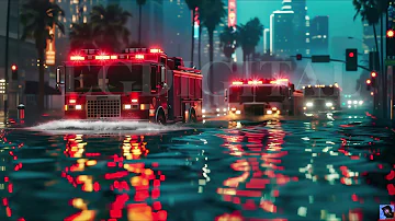 Fire trucks moving on the flooded downtown street - Artificial Intelligence (AI) Image